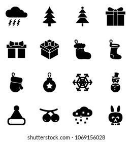 Solid vector icon set - storm vector, christmas tree, gift, sock, glove, ball, snowflake, snowman, hat, rowanberry, snow, toy rabbit