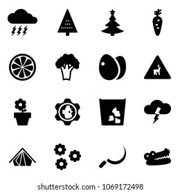 Solid vector icon set - storm vector, christmas tree, carrot, lemon slice, broccoli, eggs, wild animals road sign, flower pot, gear globe, garbage, tent, sickle, crocodile