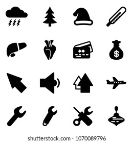Solid vector icon set - storm vector, christmas tree, hat, thermometer, liver, heart, credit card, money bag, cursor, low volume, arrow up, plane, wrench, screwdriver, wirligig toy