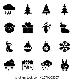 Solid vector icon set - storm vector, christmas tree, gift, santa claus, sock, ball, snowflake, snowfall, calendar, snow, toy rabbit