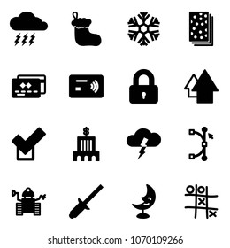 Solid vector icon set - storm vector, christmas sock, snowflake, breads, credit card, tap pay, locked, arrow up, check, bank building, bezier, robot, clinch, moon lamp, Tic tac toe