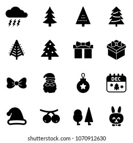 Solid vector icon set - storm vector, christmas tree, gift, bow, santa claus, ball, calendar, hat, rowanberry, forest, toy rabbit