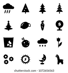 Solid vector icon set - storm vector, christmas tree, lemon, carrot, money, garbage, moon flag, rain cloud, tulip, flower, sun power, lamp, toy giraffe