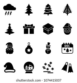 Solid vector icon set - storm vector, christmas tree, gift, santa claus, ball, snowman, calendar, hat, snowball house, sale, flippers