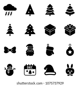 Solid vector icon set - storm vector, christmas tree, gift, bow, santa claus, glove, ball, snowman, calendar, hat, toy rabbit