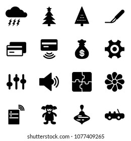 Solid vector icon set - storm vector, christmas tree, scalpel, credit card, tap pay, money bag, gear, settings, volume medium, puzzle, flower, server wireless, doll, wirligig toy, car