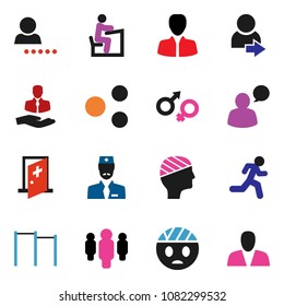 solid vector icon set - student vector, manager, man, horizontal bar, run, client, speaking, gender sign, head bandage, medical room, doctor, share, login, consumer