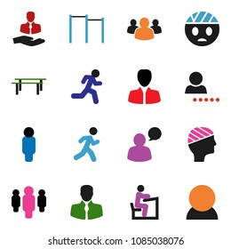 solid vector icon set - student vector, manager, man, horizontal bar, run, client, speaking, group, head bandage, login, consumer