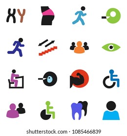 solid vector icon set - student vector, muscule hand, buttocks, stairways run, group, disabled, eye, insemination, chromosomes, tooth, user