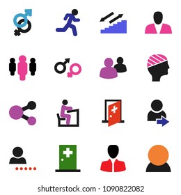 solid vector icon set - student vector, manager, man, stairways run, group, gender sign, head bandage, medical room, share, login, consumer