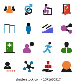 solid vector icon set - student vector, man, horizontal bar, stairways run, client, speaking, social media, group, gender sign, medical room, share, login, consumer