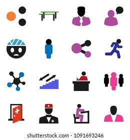 solid vector icon set - student vector, manager, man, horizontal bar, stairways run, speaking, social media, doctor, head bandage, medical room, share, consumer