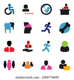 solid vector icon set - student vector, manager, man, buttocks, bone, run, client, group, disabled, pregnancy, tooth, login, consumer, customer