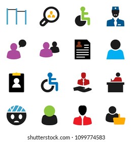 solid vector icon set - student vector, manager, personal information, horizontal bar, client, speaking man, group, disabled, head bandage, doctor, user, search, customer