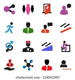 solid vector icon set - student vector, manager, man, stairways run, client, speaking, social media, doctor, gender sign, medical room, share, login