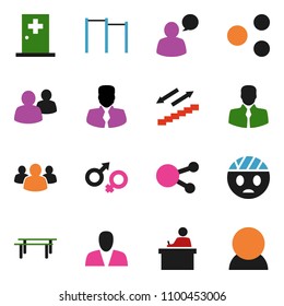 solid vector icon set - student vector, manager, horizontal bar, stairways run, client, speaking man, social media, group, gender sign, head bandage, medical room, share, consumer
