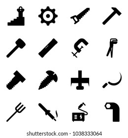Solid vector icon set - success vector, gear, saw, hammer, rubber, level, clamp, plumber, bolt, screw, milling cutter, sickle, farm fork, soldering iron, welding, allen key