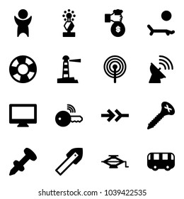 Solid vector icon set - success vector, award, rich, lounger, lifebuoy, lighthouse, antenna, satellite, monitor, wireless key, connect, screw, nail dowel, tile drill, jack, toy bus