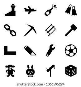 Solid vector icon set - success vector, plane, fizz opening, flippers, link, axe, bucksaw, rubber hammer, corner ruler, work knife, wrench, soccer ball, doll, toy rabbit, windmill, bones