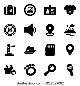 Solid vector icon set - suitcase vector, no computer sign, identity, dog, parking even road, low volume, map pin, mountains, lighthouse, cruiser, micro flash card, navigation, shovel bucket, beanbag
