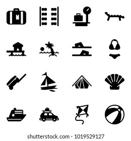 Solid vector icon set - suitcase vector, plane seats, baggage scales, lounger, bungalow, palm, flip flops, swimsuit, sail boat, tent, shell, cruiser, car, kite, beach ball