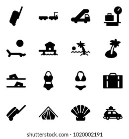 Solid vector icon set - suitcase vector, baggage truck, trap, scales, lounger, bungalow, palm, flip flops, swimsuit, tent, shell, car