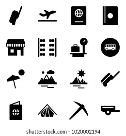 Solid vector icon set - suitcase vector, departure, passport, duty free, plane seats, baggage scales, bus road sign, beach, mountains, pyramid, tent, axe, trailer