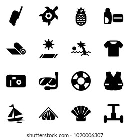 Solid vector icon set - suitcase vector, sea turtle, pineapple, uv cream, mat, palm, t shirt, photo, diving, lifebuoy, life vest, sail boat, tent, shell, gyroscope