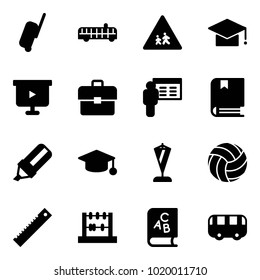 Solid vector icon set - suitcase vector, airport bus, children road sign, graduate hat, presentation board, portfolio, book, highlight marker, pennant, volleyball, ruler, abacus, abc, toy