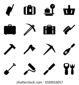 Solid vector icon set - suitcase vector, baggage scales, basket, case, job, hammer, axe, chisel, shovel, paint roller, rasp, fork toy