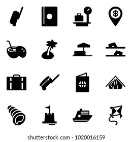 Solid vector icon set - suitcase vector, passport, baggage scales, dollar pin, coconut cocktail, palm, inflatable pool, flip flops, tent, shell, sand castle, cruiser, kite