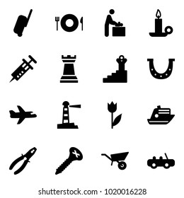 Solid vector icon set - suitcase vector, plate spoon fork, baby room, candle, syringe, chess tower, success, luck, plane, lighthouse, tulip, cruiser, pliers, screw, wheelbarrow, toy car