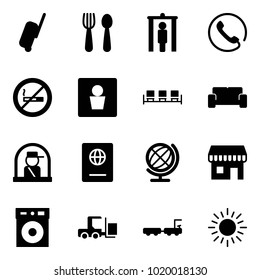 Solid Vector Icon Set - Suitcase Vector, Spoon And Fork, Metal Detector Gate, Phone, No Smoking Sign, Male Wc, Waiting Area, Vip, Officer Window, Passport, Globe, Duty Free, Loader, Baggage Truck