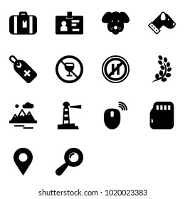 Solid vector icon set - suitcase vector, identity, dog, medical label, no alcohol sign, parking even road, golden branch, mountains, lighthouse, mouse wireless, micro flash card, navigation pin