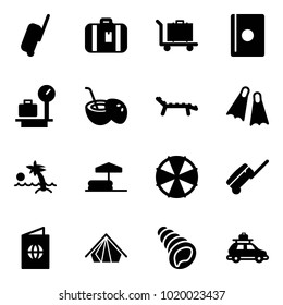Solid vector icon set - suitcase vector, baggage, passport, scales, coconut cocktail, lounger, flippers, palm, inflatable pool, parasol, tent, shell, car