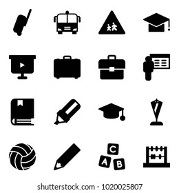 Solid vector icon set - suitcase vector, airport bus, children road sign, graduate hat, presentation board, case, portfolio, book, highlight marker, pennant, volleyball, pencil, abc cube, abacus