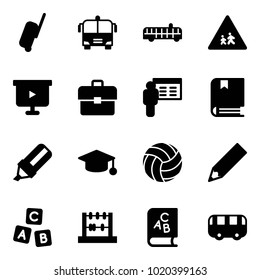 Solid vector icon set - suitcase vector, airport bus, children road sign, presentation board, portfolio, book, highlight marker, graduate hat, volleyball, pencil, abc cube, abacus, toy