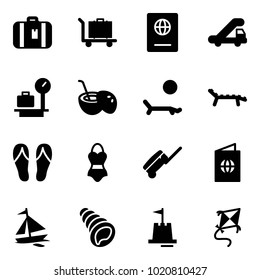 Solid vector icon set - suitcase vector, baggage, passport, trap truck, scales, coconut cocktail, lounger, flip flops, swimsuit, sail boat, shell, sand castle, kite