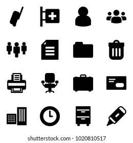 Solid Vector Icon Set - Suitcase Vector, First Aid Room, User, Group, Document, Folder, Trash Bin, Printer, Office Chair, Case, Envelope, Building, Clock, Tool Cabinet, Marker