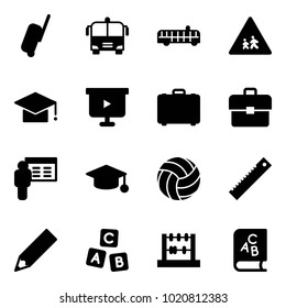 Solid vector icon set - suitcase vector, airport bus, children road sign, graduate hat, presentation board, case, portfolio, volleyball, ruler, pencil, abc cube, abacus, book