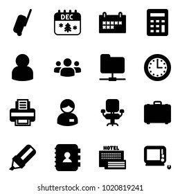 Solid vector icon set - suitcase vector, christmas calendar, schedule, calculator, user, group, network folder, time, printer, manager, office chair, case, highlight marker, contact book, sea hotel