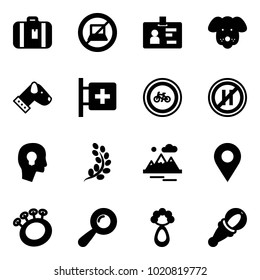 Solid vector icon set - suitcase vector, no computer sign, identity, dog, first aid room, bike road, parking even, head bulb, golden branch, mountains, navigation pin, beanbag