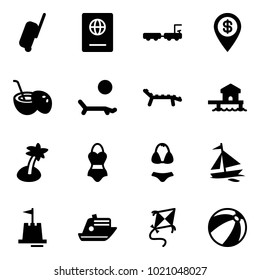 Solid vector icon set - suitcase vector, passport, baggage truck, dollar pin, coconut cocktail, lounger, bungalow, palm, swimsuit, sail boat, sand castle, cruiser, kite, beach ball