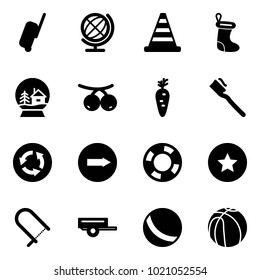 Solid vector icon set - suitcase vector, globe, road cone, christmas sock, snowball house, rowanberry, carrot, tooth brush, circle sign, only right, lifebuoy, star medal, fretsaw, trailer, ball