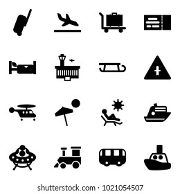 Solid vector icon set - suitcase vector, arrival, baggage, ticket, hotel, airport building, sleigh, intersection road sign, helicopter, beach, cruiser, ufo toy, train, bus, boat
