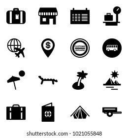 Solid vector icon set - suitcase vector, duty free, schedule, baggage scales, plane globe, dollar pin, customs road sign, bus, beach, lounger, palm, pyramid, passport, tent, trailer