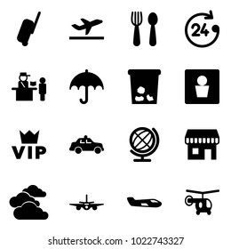 Solid vector icon set - suitcase vector, departure, spoon and fork, 24 hours, passport control, insurance, trash, male wc, vip, safety car, globe, duty free, clouds, plane, small, helicopter