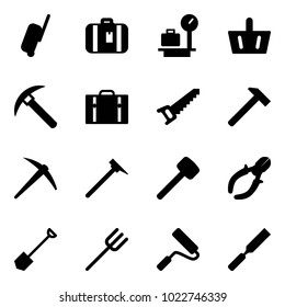 Solid vector icon set - suitcase vector, baggage scales, basket, rock axe, saw, hammer, mason, rubber, side cutters, shovel, farm fork, paint roller, rasp