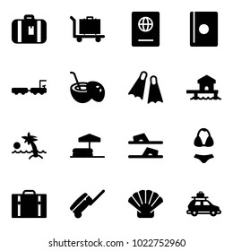 Solid vector icon set - suitcase vector, baggage, passport, truck, coconut cocktail, flippers, bungalow, palm, inflatable pool, flip flops, swimsuit, shell, car