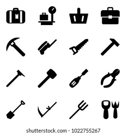 Solid vector icon set - suitcase vector, baggage scales, basket, portfolio, rock axe, saw, hammer, mason, rubber, chisel, side cutters, shovel, scythe, farm fork, toy